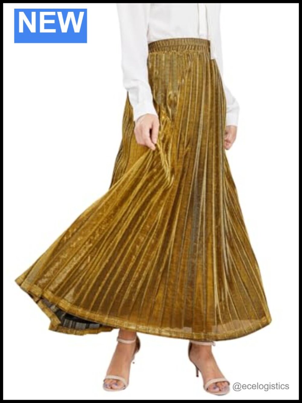 Women's Metallic Pleated Maxi Skirt High Waist Shimmer Party